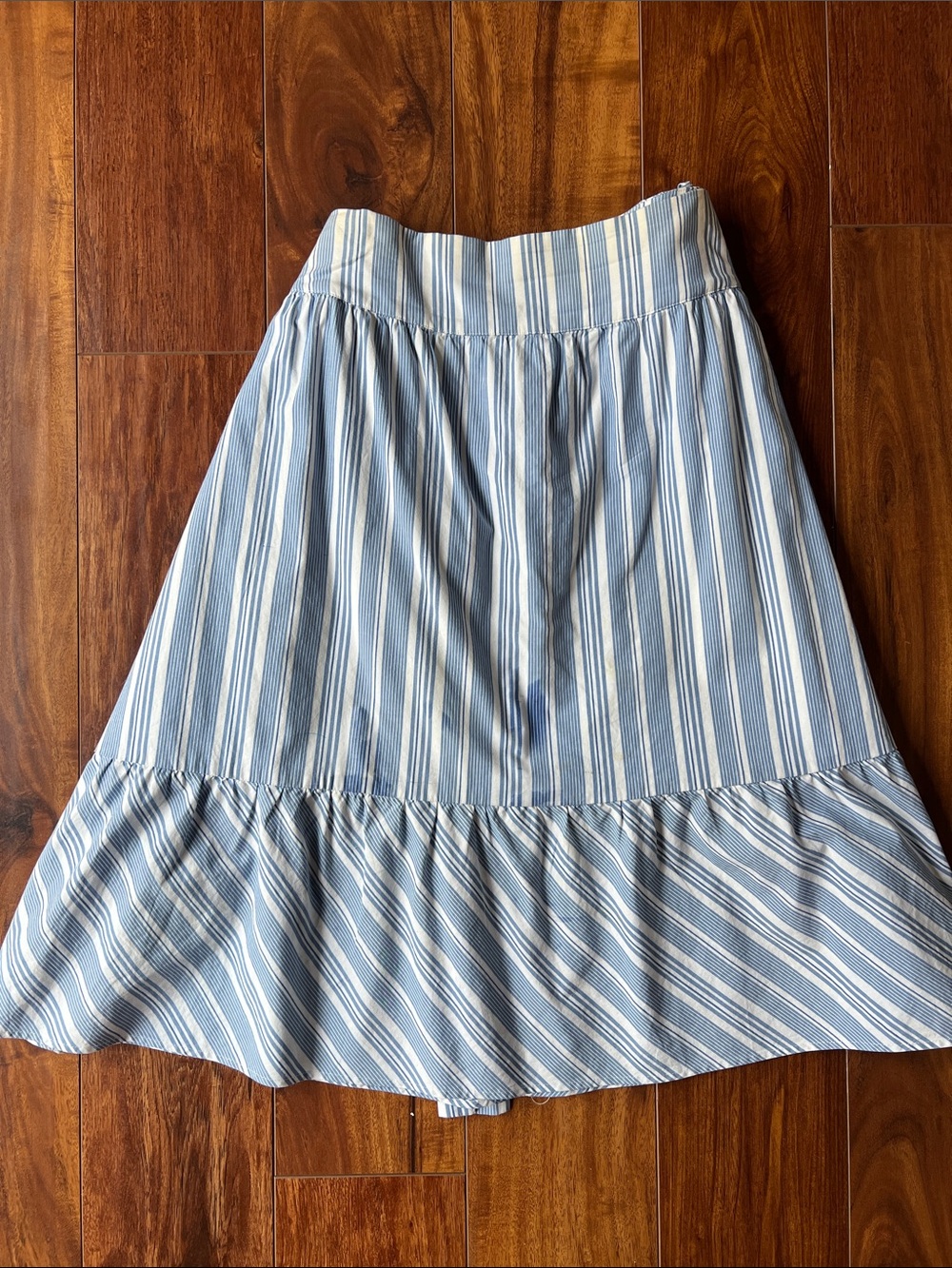 J. Crew Blue and White Striped Midi Skirt with Ruffle Hem
